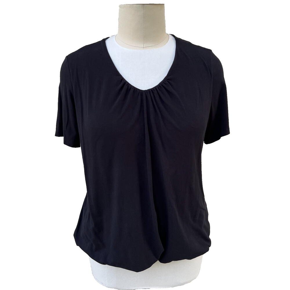 Susan Graver Blouse Womens 1X Black Ruched V-Neck Short Sleeve Bubble Front Hem